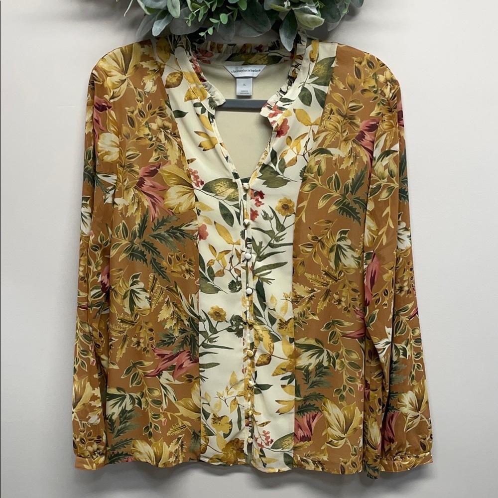 NWOT Long Sleeve Floral Chiffon Boho Button Down Blouse Earthtones XL
